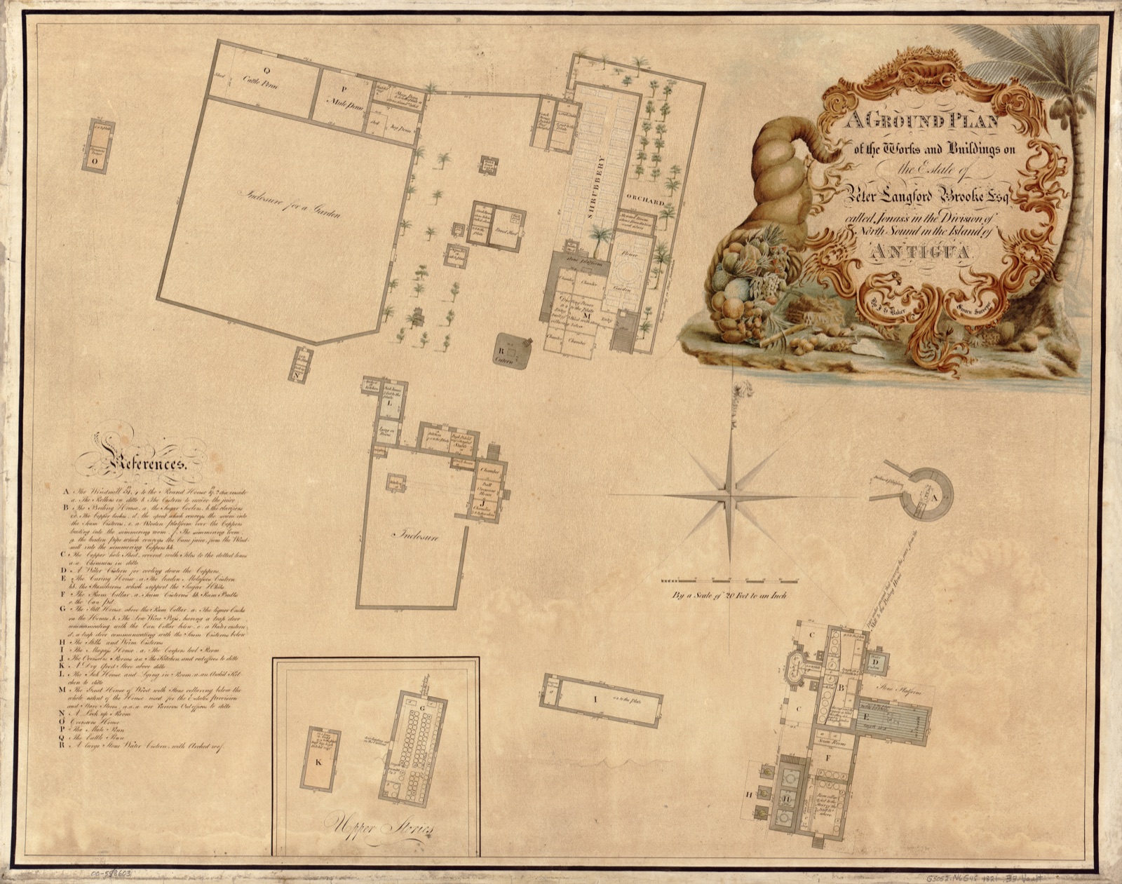 A ground plan of the works and buildings on the estate of Peter Langford Brooke, Esq., called Jonas's in the division of North Sound in the island of Antigua — Baker, J. H., surveyor general