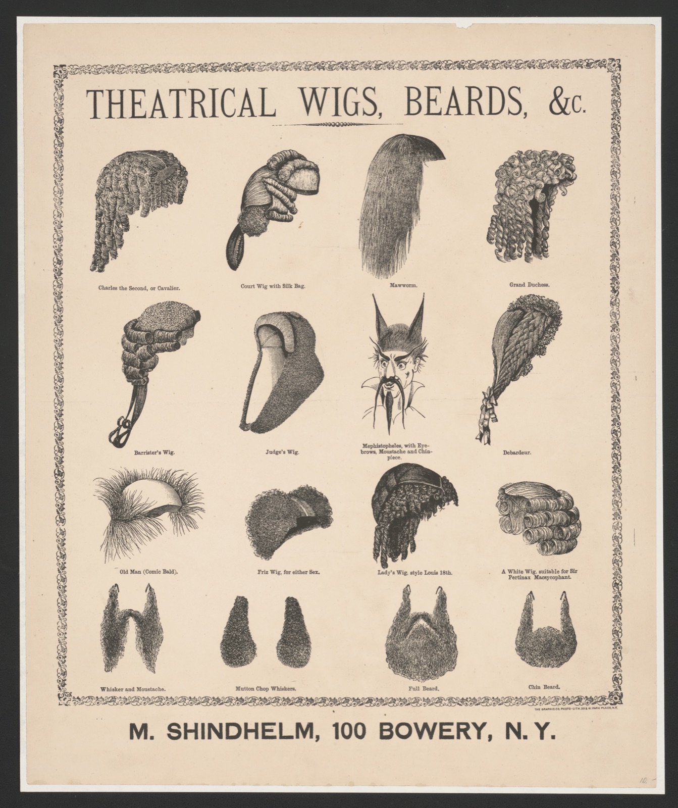Theatrical wigs, beards, &c. M. Shindhelm, 100 Bowery, N.Y. / — Graphic Company.