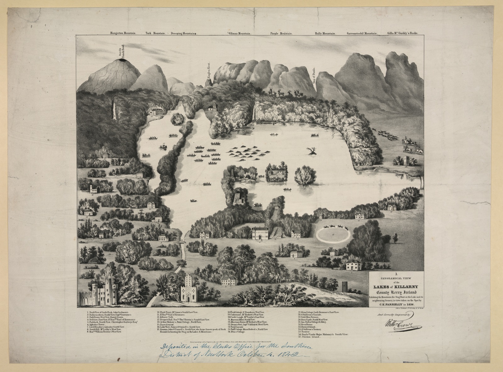 A panoramical view of the lakes of Killarny, County Kerry, Ireland, exhibiting the mountains, the stag hunt on the lake, and its neighbouring scenery, in views taken on the spot by C.K. Farrelly in 1836 — W. Endicott & Co.