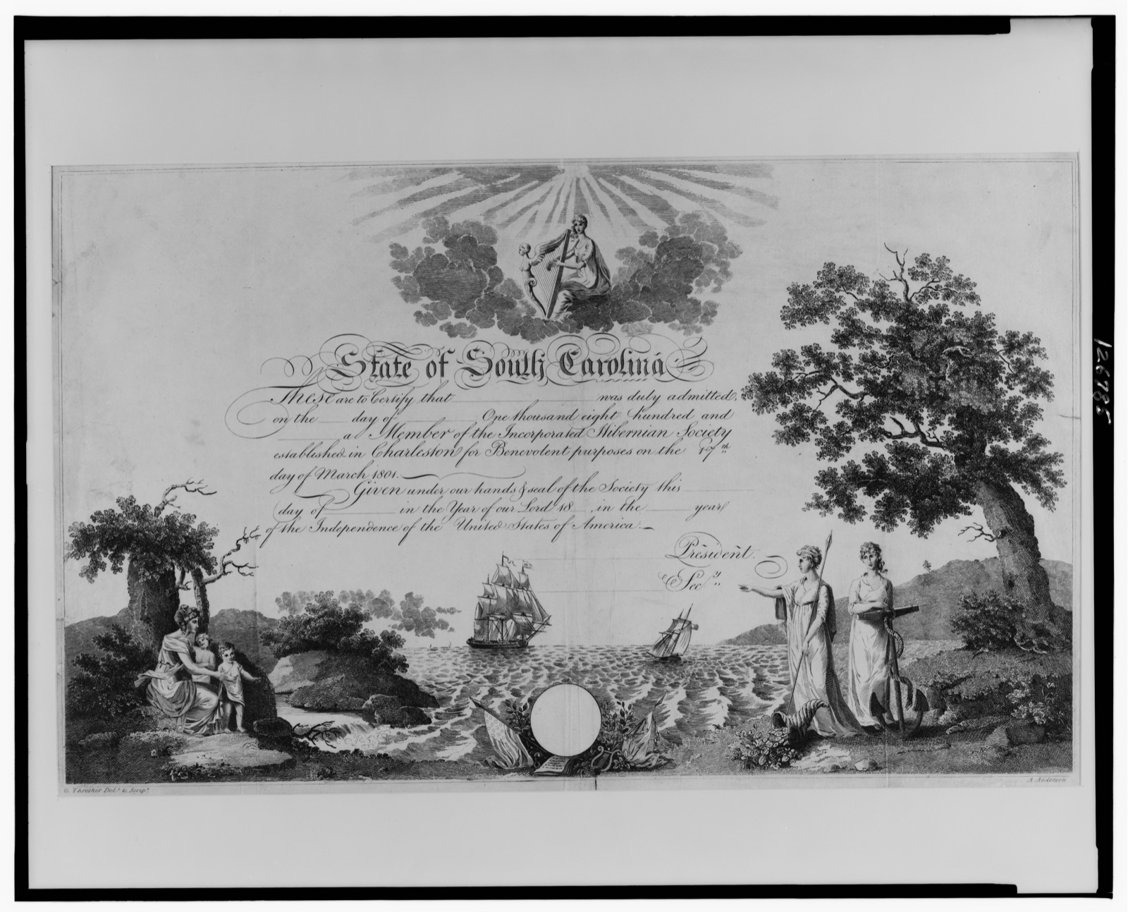 [Charleston, S. C. Hibernian Society membership certificate] — Anderson, Alexander, 1775-1870