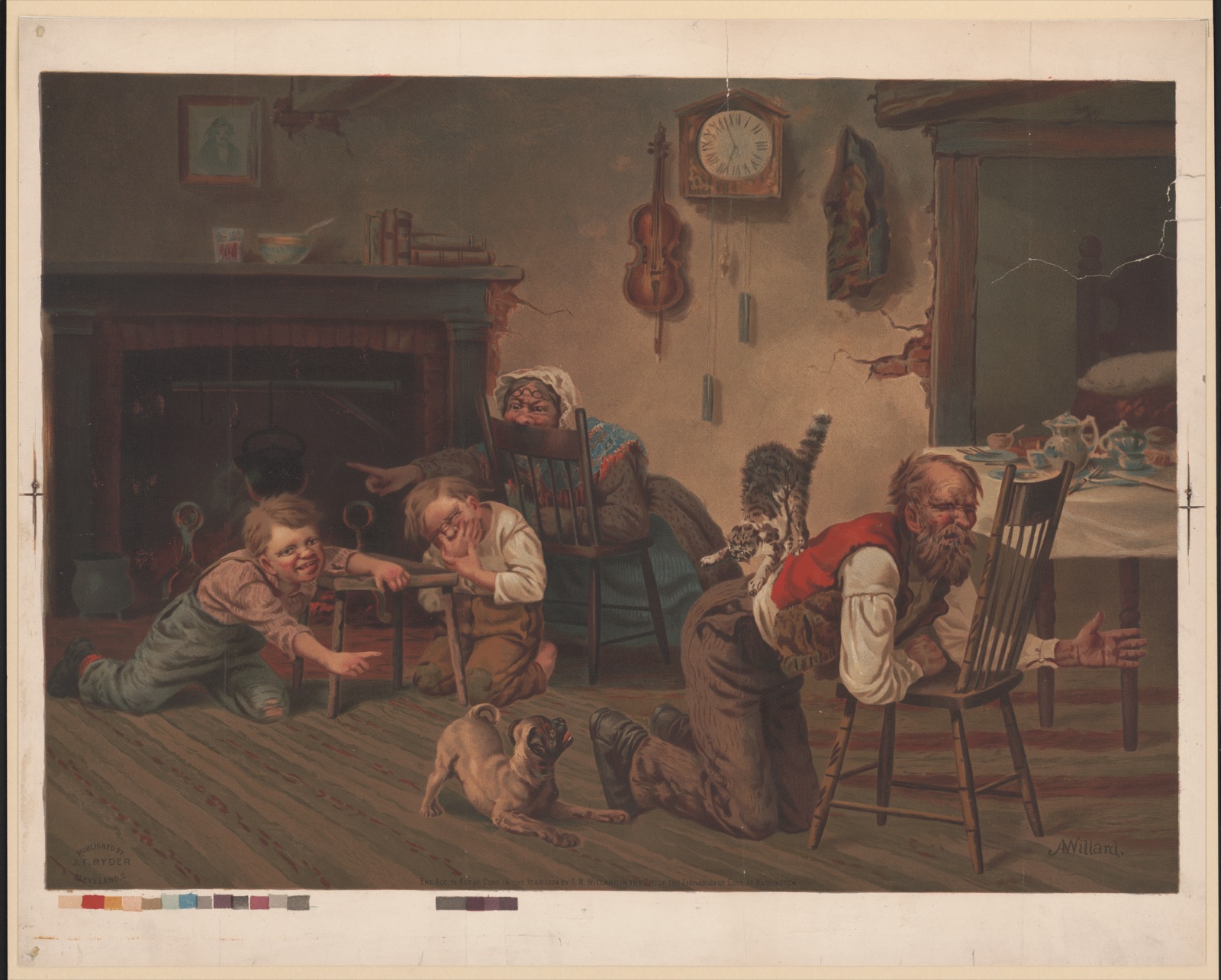[Two children enjoying the commotion caused at meal time when a dog has chased a cat onto the back of their father] — Willard, Archibald M., 1836-1918