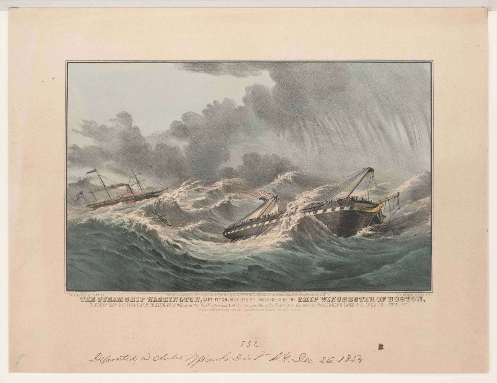 The steam ship Washington, Capt. Fitch, rescuing the passengers of the ship Winchester of Boston — N. Currier (Firm)