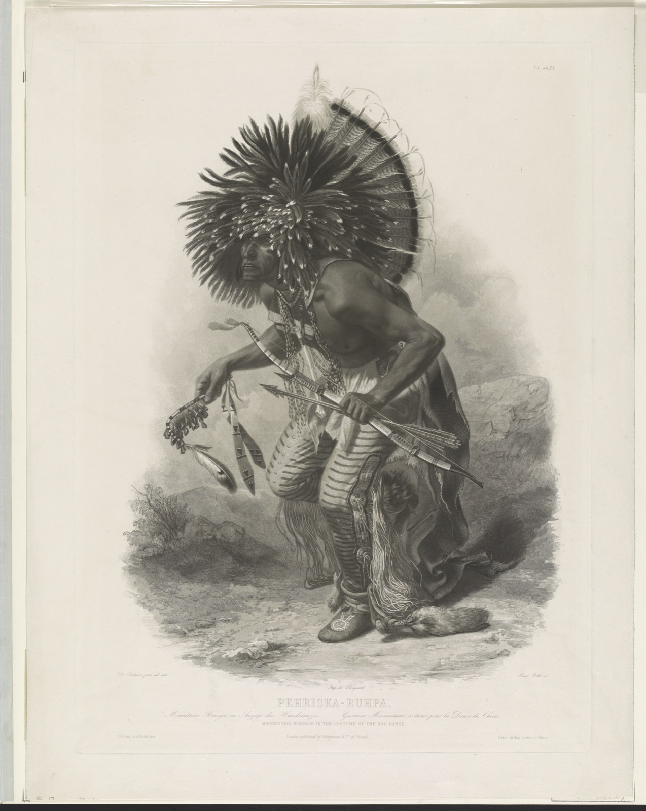 Pehriska-Ruhpa Mönnitarri krieger im auzuge des hundetanzes = Guerrier Monnitarri costumé pour la danse du chien = Moennitarri warrior in the costume of the dog danse [sic] / — Rollet, Louis René Lucien, 1809-1862