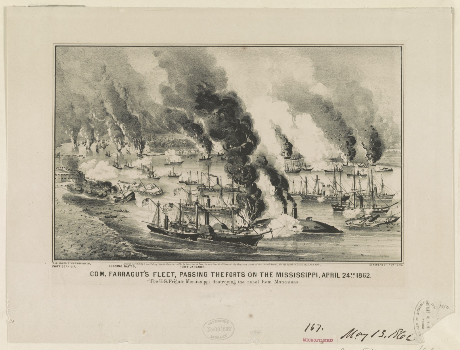 Com. Farragut's fleet, passing the forts on the Mississippi, April 24th 1862 The U.S. Frigate Mississippi destroying the rebel ram Manassas. — Currier & Ives.