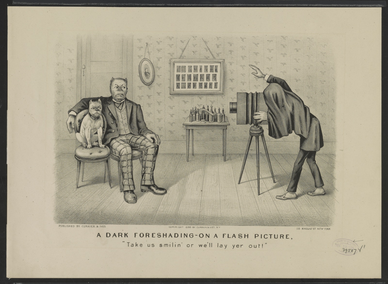 A dark foreshading - on a flash picture, "Take us smilin' or we'll lay yer out!" — Currier & Ives.