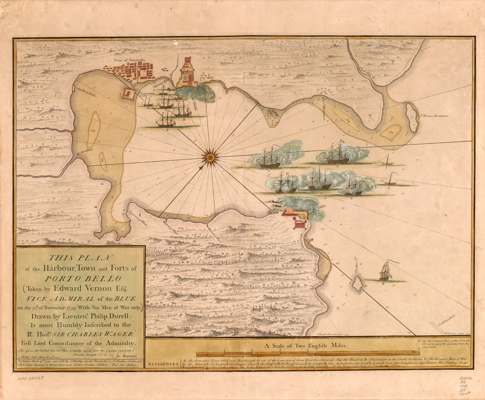 This plan of the harbour, town, and forts of Porto Bello (taken by Edward Vernon, esqr. vice admiral of the Blue on the 22d of November 1739 with six men of war only) — Durell, Philip, -1766