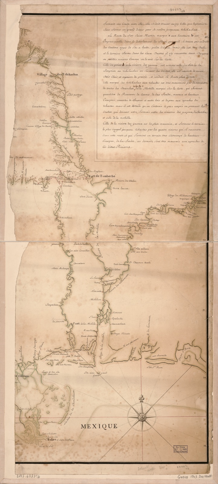 [Carte particulière d'une partie de la Louisianne ou les fleuve et rivierres [i.e. rivières] onts etés relevé a l'estime & les routtes [i.e. routes] par terre relevé & mesurées aux pas, par les Srs. Broutin, de Vergés, ingénieurs & Saucier dessinateur — Demarigny