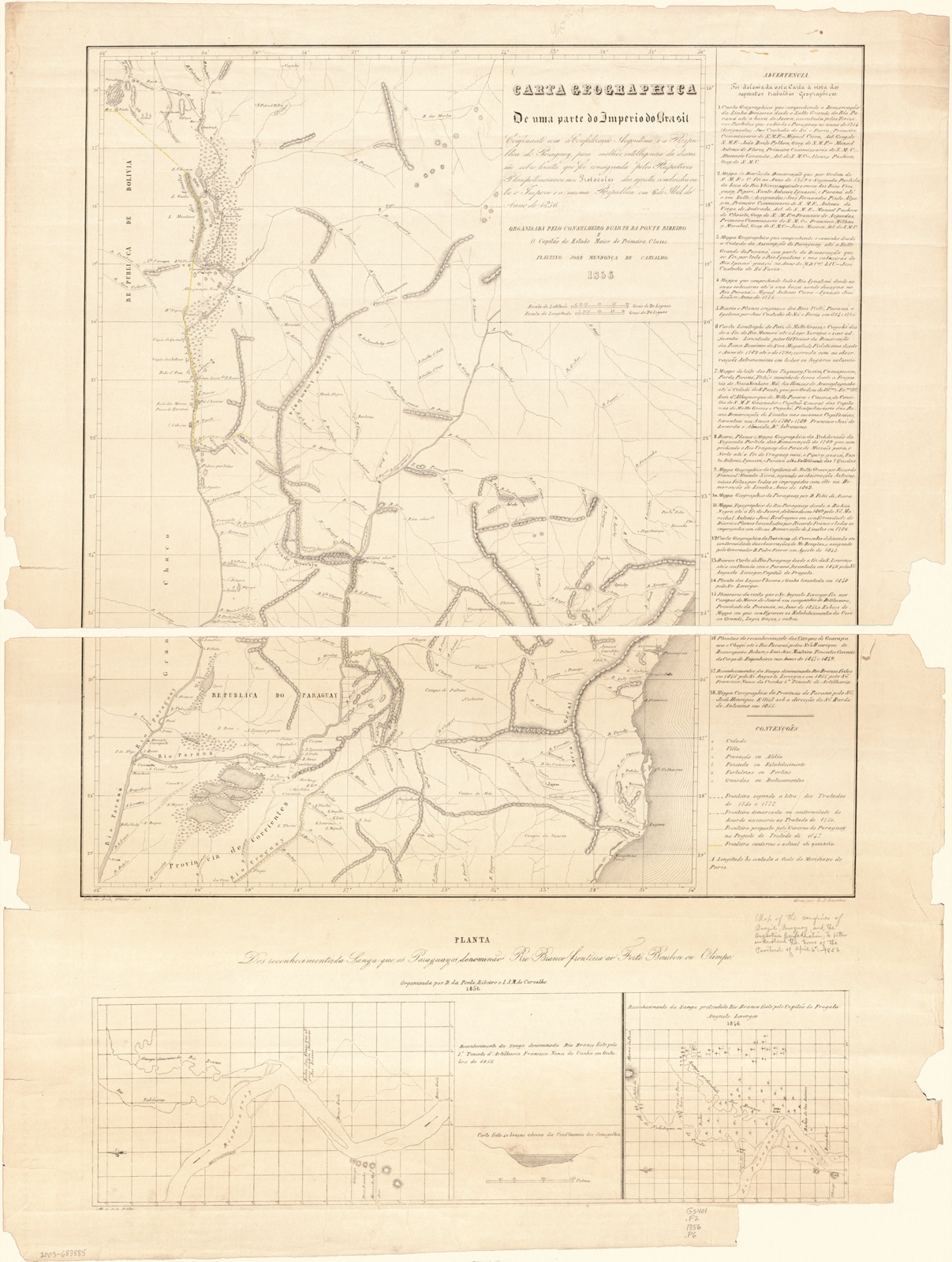 Carta geographica de uma parte do Imperio do Brasil : confinante com a Confederação Argentina e a Republica do Paraguay para melhor intelligencia da discussão sobre limites que foi consignada pelos respectivos plenipotenciarios nos protocolos dos ajustes concluidos entre o Imperio e a Mesma Republica em 6 de abril do anno de 1856
