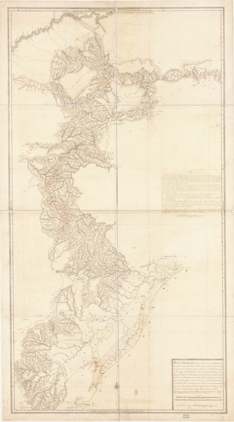 Plano topografico que comprende la costa del mar desde la ensenada de castillos hasta el Rio Grande de Sn. Pedro, el arroyo del Chuy, la Laguna de la Manguera y la de Merin, contodos los arroyos que desaguan en esta, el Piratini, las cabeceras del Rio Negro y las del Ycabacua, las vertientes que bajan de la Cuchilla general al Yacuy y al Uruguay, los establecimientos y misiones españolas del propio Uruguay, los establecimientos portugueses mas inmediatos a dichas misiones y el curso de una gran parte del Uruguay con la boca del rio a que los demarcadores pasados dieron el nombre de Pepiri, expresandose en el mismo plano los terrenos y a demarcados y los que estan endisputa entre los comisarios principales de los dos soberanos, por cuya orden se hizo este trabajo que empezo el año de 1784 y se concluyo en el de 1788