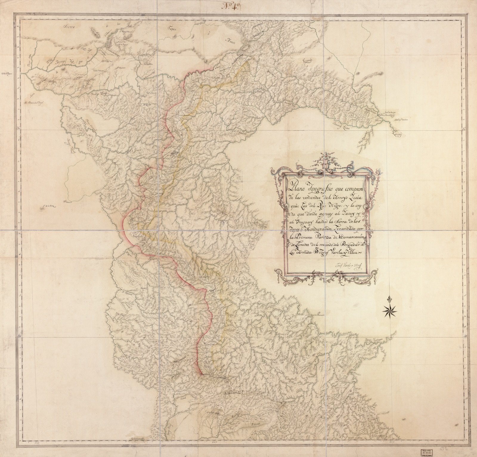 Plano topografico que comprende las vertientes del Arroyo Ycabaqua, las del Rio Negro y la cresta que divide aguas al Yacuy y al Uruguay hasta la Sierra de los Tapes o Montegrande