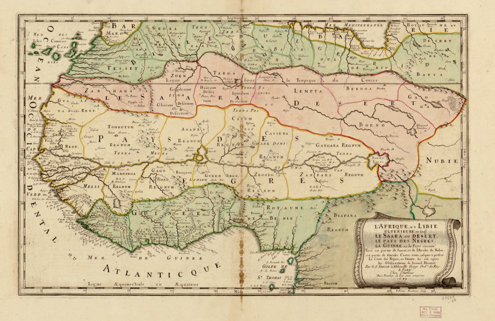 L'Afrique, ou Lybie ulterieure : ou font le Saara, or desért, le pays des Negres, la Guinee, et les pays circonv., tirée en partie de Sanut, et de l'Arabe du Nubie : en partie de diverses cartes veues, jusques a present : la coste de Negres, et Guinee, &c. est apres les observations de Samuel Blomart — Sanson, Nicolas, 1600-1667