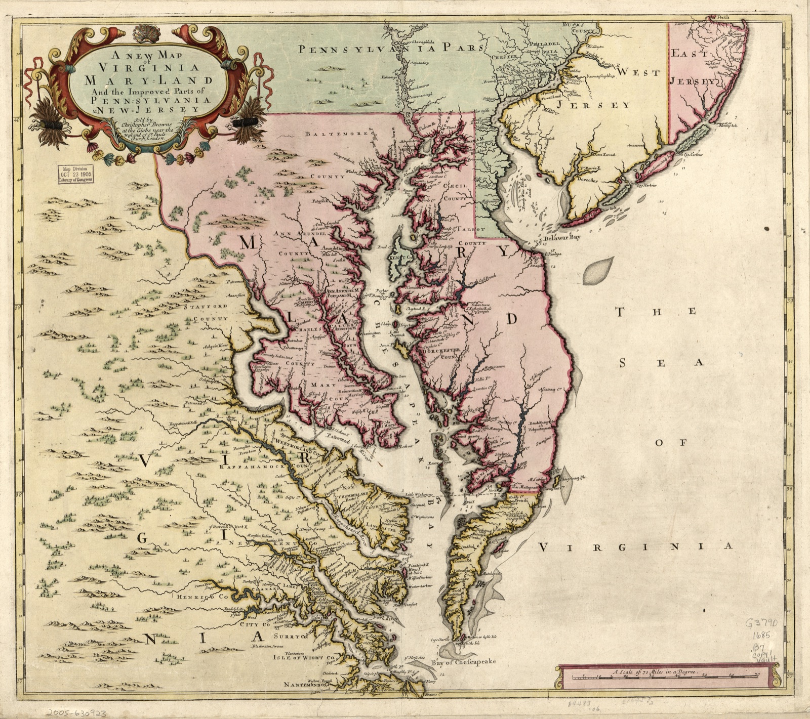 A new map of Virginia, Maryland, and the improved parts of Pennsylvania & New Jersey — Browne, Christopher, active 1684-1712
