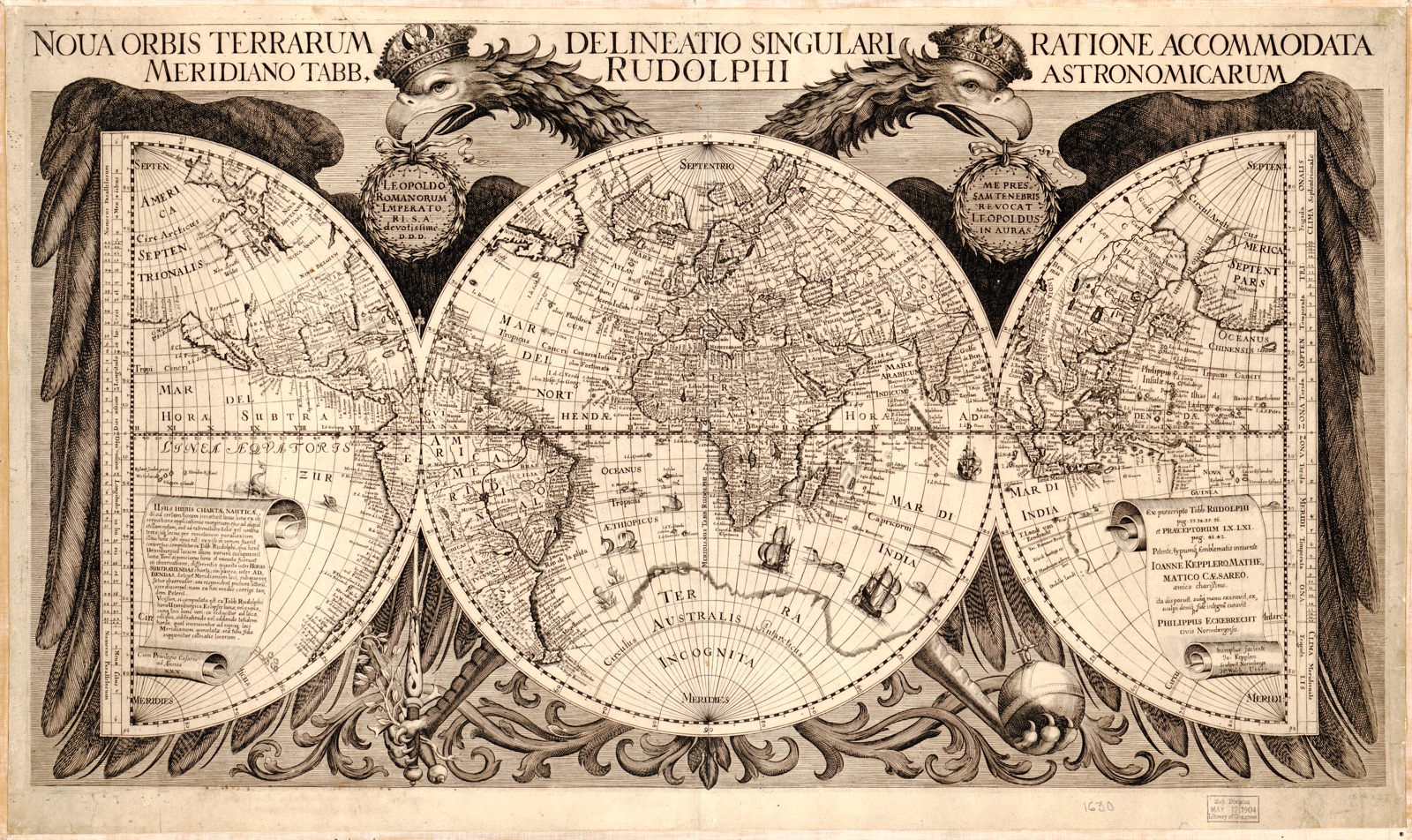 Noua orbis terrarum delineatio singulari ratione accommodata meridiano tabb. Rudolphi astronomicarum — Eckebrecht, Philipp, 1594-1667