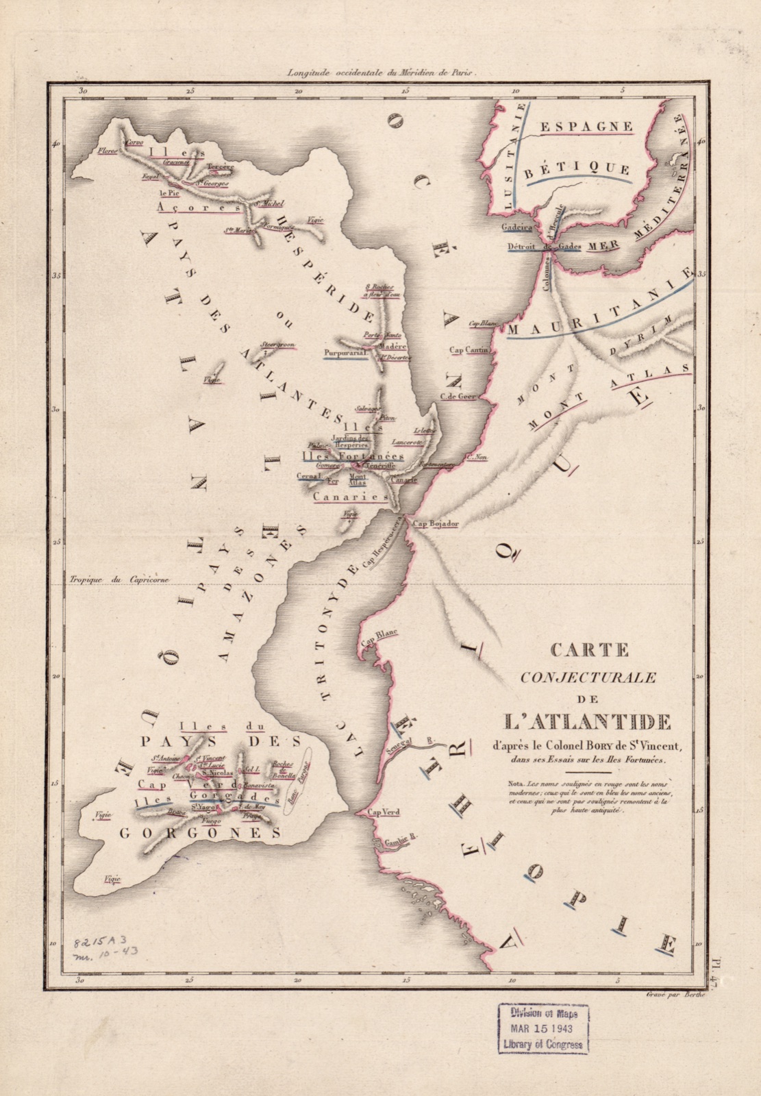 Carte conjecturale de l'Atlantide : d'après le Colonel Bory de St. Vincent — Berthe