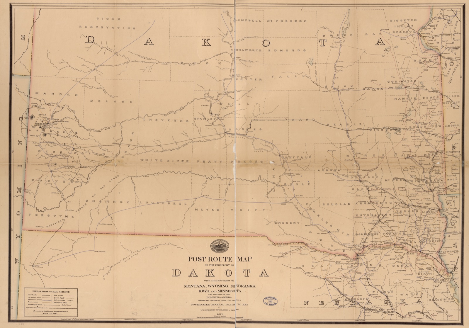 Post route map of the territory of Dakota with adjacent parts of Montana, Wyoming, Nebraska, Iowa and Minnesota, and portions of the Dominion of Canada — United States. Post Office Department