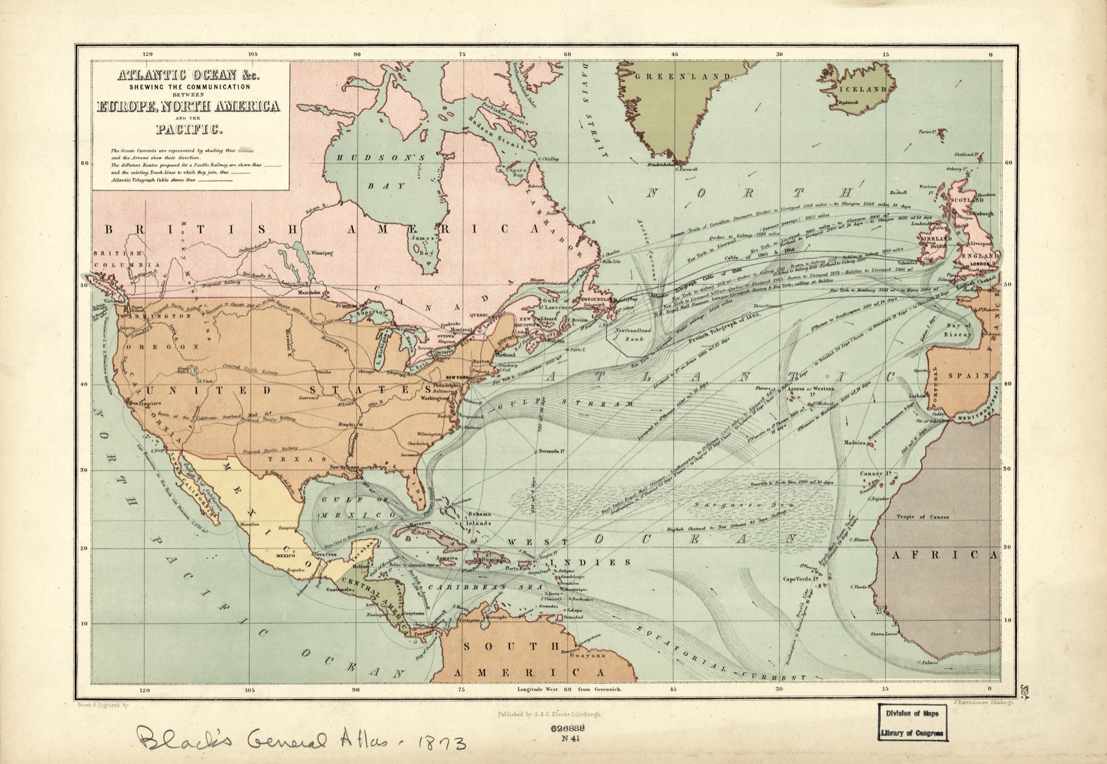 Atlantic Ocean &c. : shewing the communication between Europe, North America and the Pacific — Bartholomew, John, 1831-1893