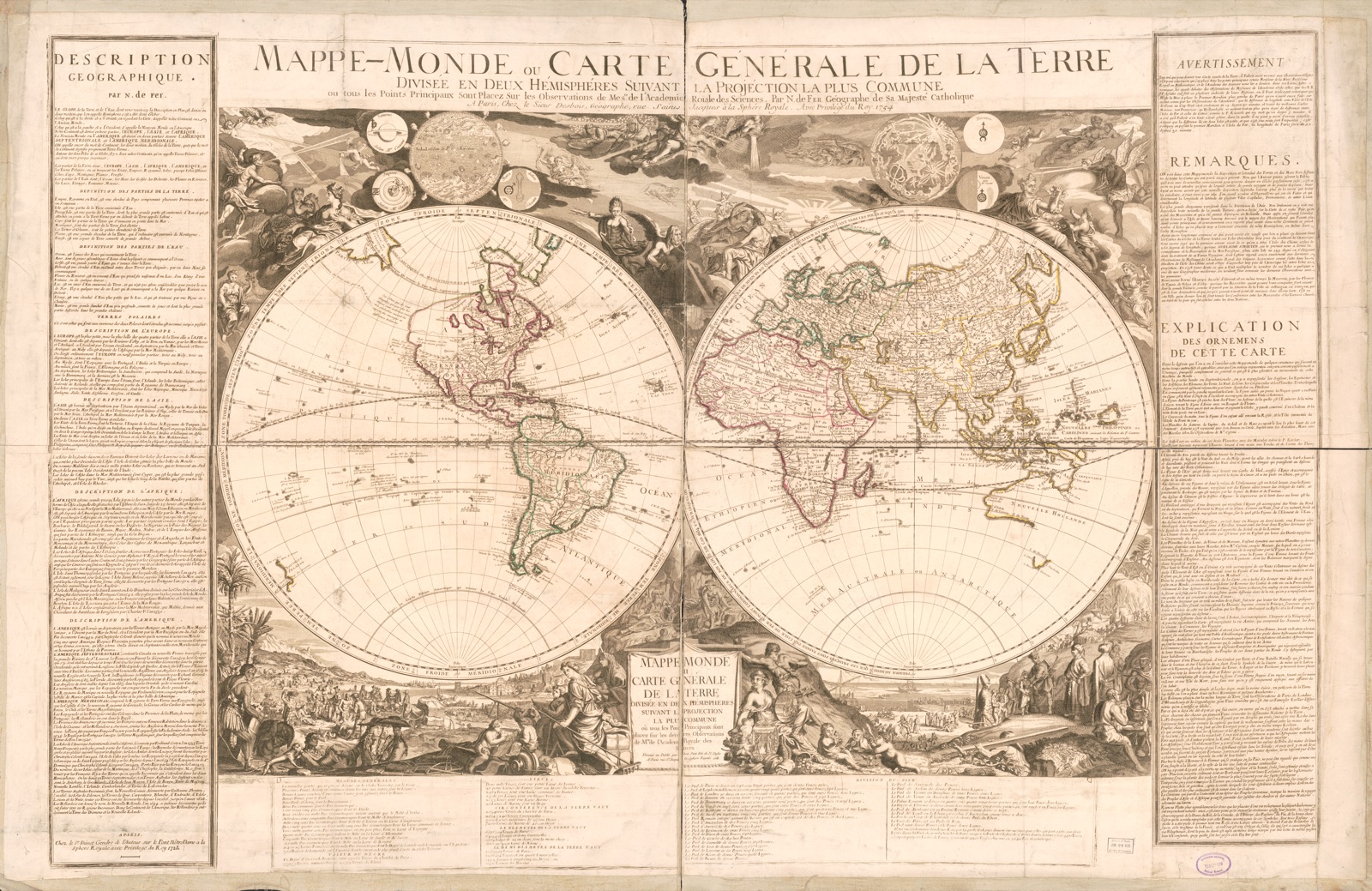Mappe-monde, ou carte générale de la terre : divisée en deux hémisphéres suivant la projéction la plus commune ou tous les points principaux sont placez sur les observations de mesrs. de l'Academie roïale des sciences — Fer, Nicolas de, 1646-1720, cartographer