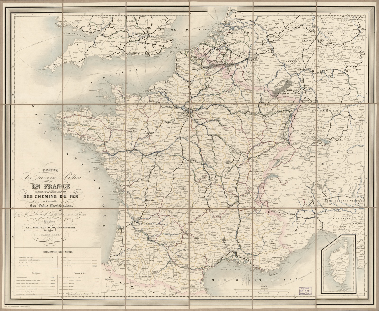 Carte des travaux publics en France comprenant le réseau complet des chemins de fer en l'ensemble des voies navigables — Andriveau-Goujon, J., cartographer, publisher