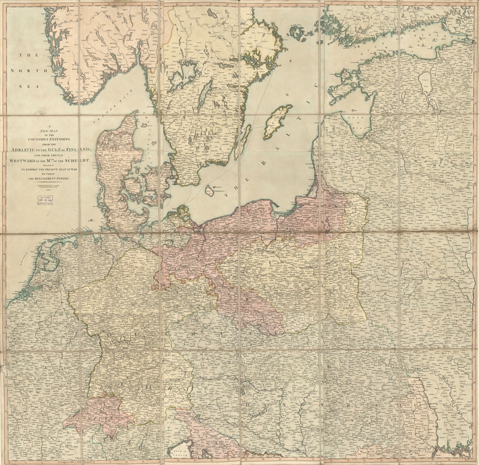 A new map of the countries extending from the Adriatic to the Gulf of Finland : and from thence westward to the m'ths of the Scheldt : intended to exhibit the present seat of war between the belligerent powers — Cary, John, approximately 1754-1835, cartographer, publisher