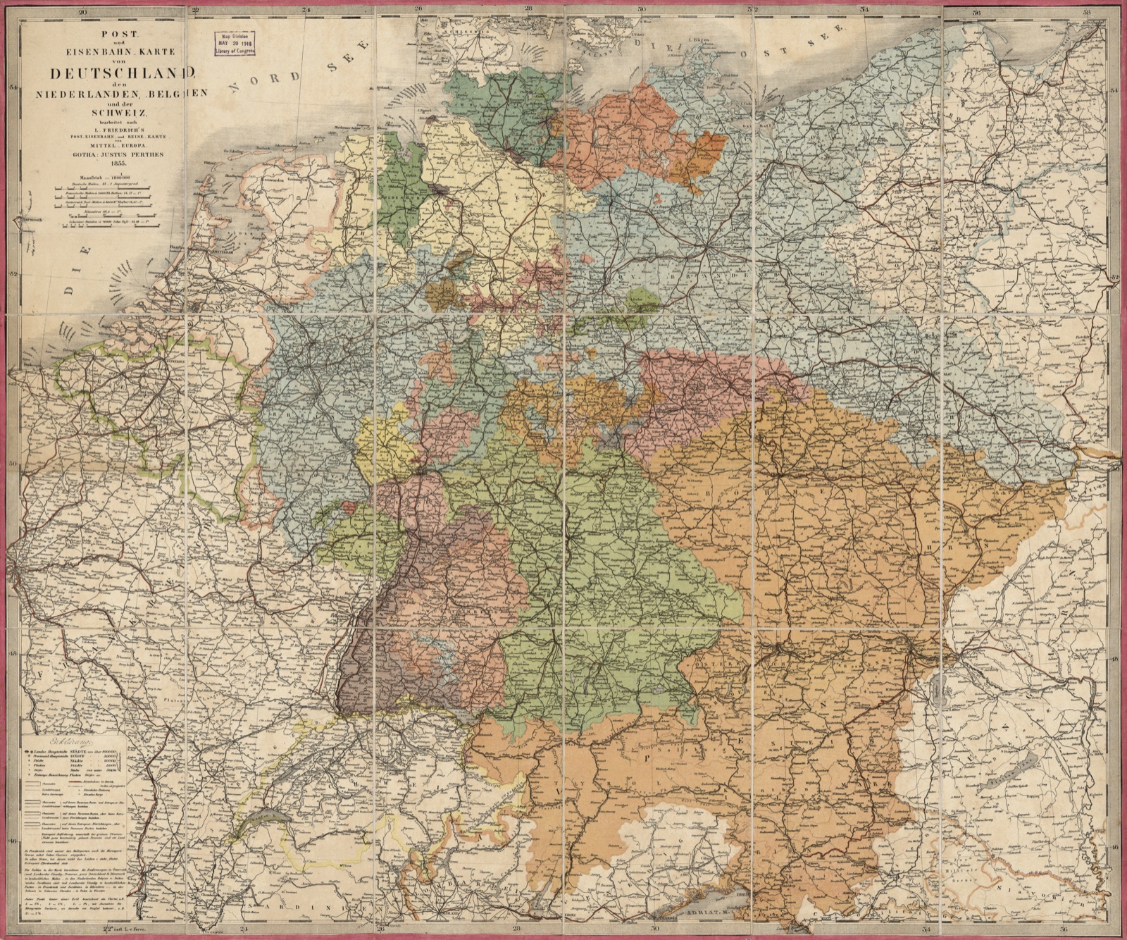 Post- und Eisenbahn-Karte von Deutschland, den Niederlanden, Belgien und der Schweiz — Justus Perthes (Firm : Gotha, Germany), cartographer, publisher