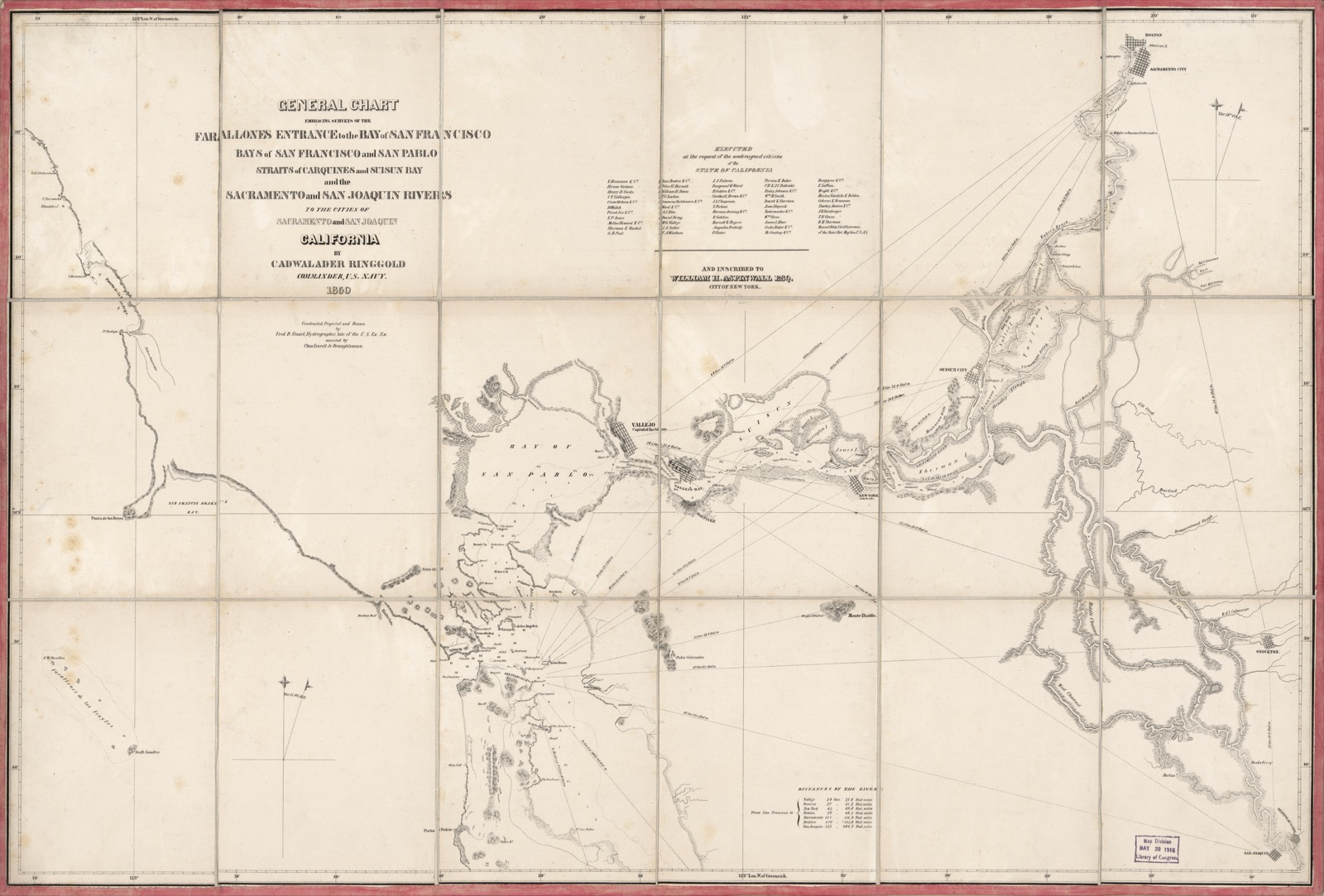 General chart embracing surveys of the Farallones entrance to the Bay of San Francisco, Bays of San Francisco and San Pablo, Straits of Carquines and Suisun Bay, and the Sacramento and San Joaquin Rivers to the cities of Sacramento and San Joaquin, California — Ringgold, Cadwalader, 1802-1867, cartographer, surveyor