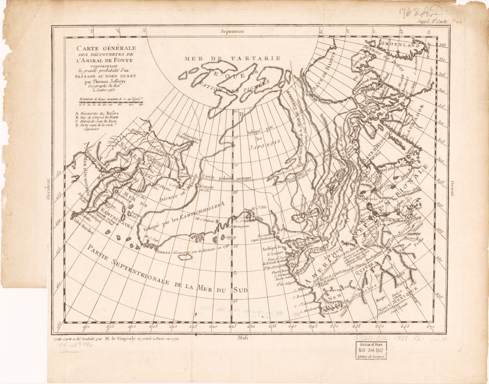 Carte générale des découvertes de l'amiral De Fonte représentant le grande probabilité d'un passage au nord ouest — Robert de Vaugondy, Didier, 1723-1786