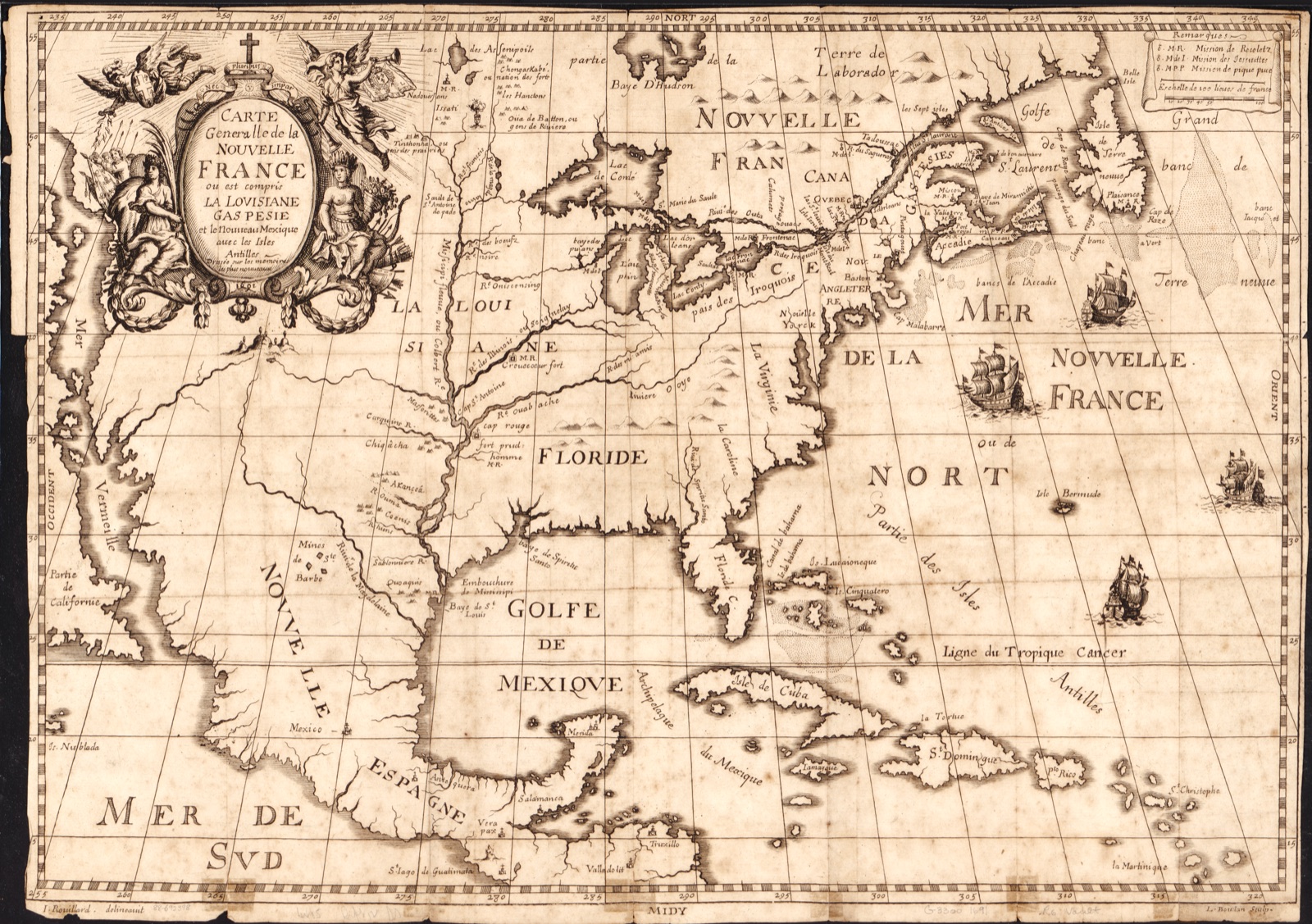 Carte generalle de la Nouvelle France ou est compris la Lovisiane, Gaspesie et le Nouueau Mexique auec les Isles Antilles, dressee sur les memoires les plus nouueaux — Rouillard, I.