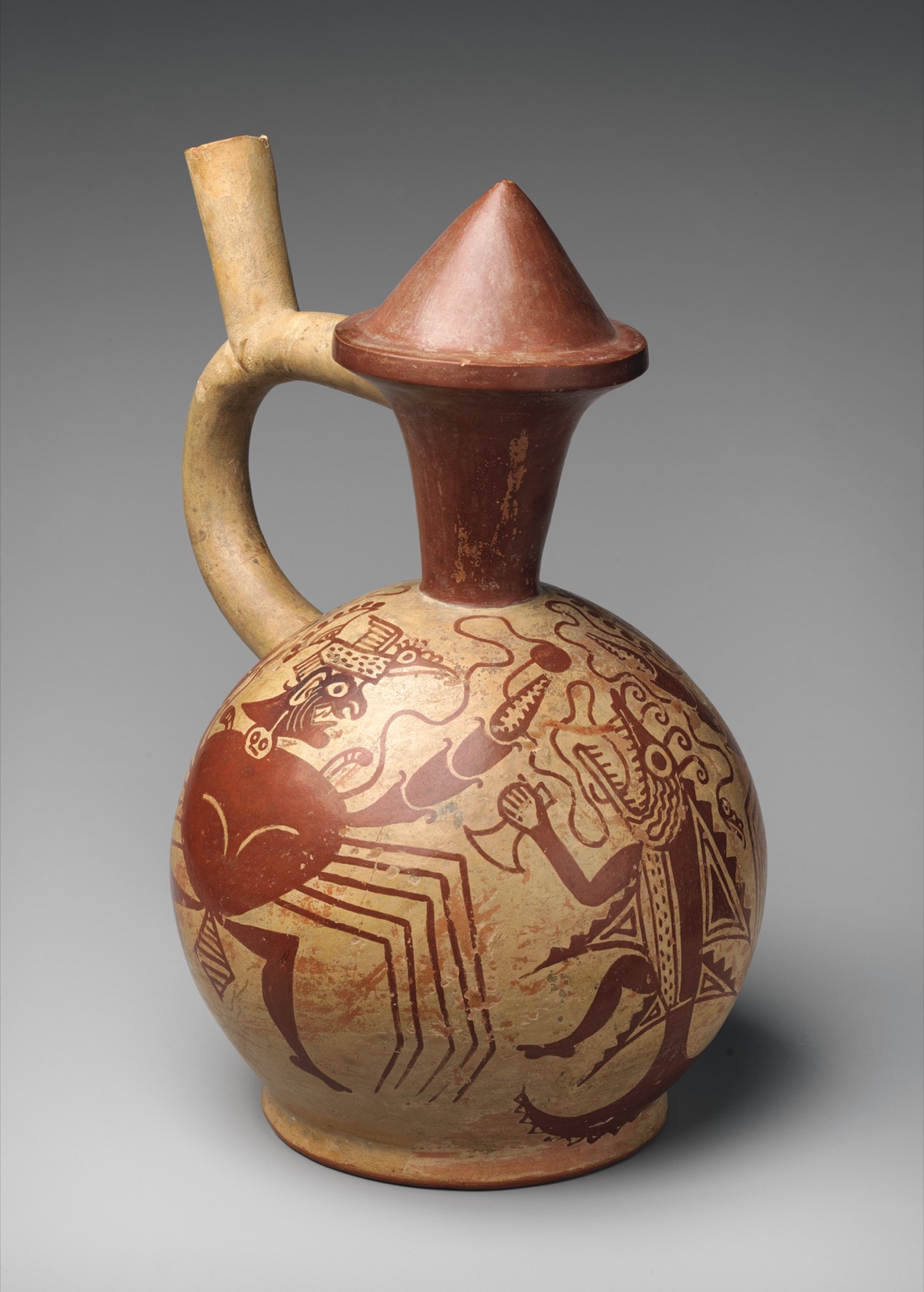 Stirrup-spout bottle with warclub and crab warrior — Moche artist(s)