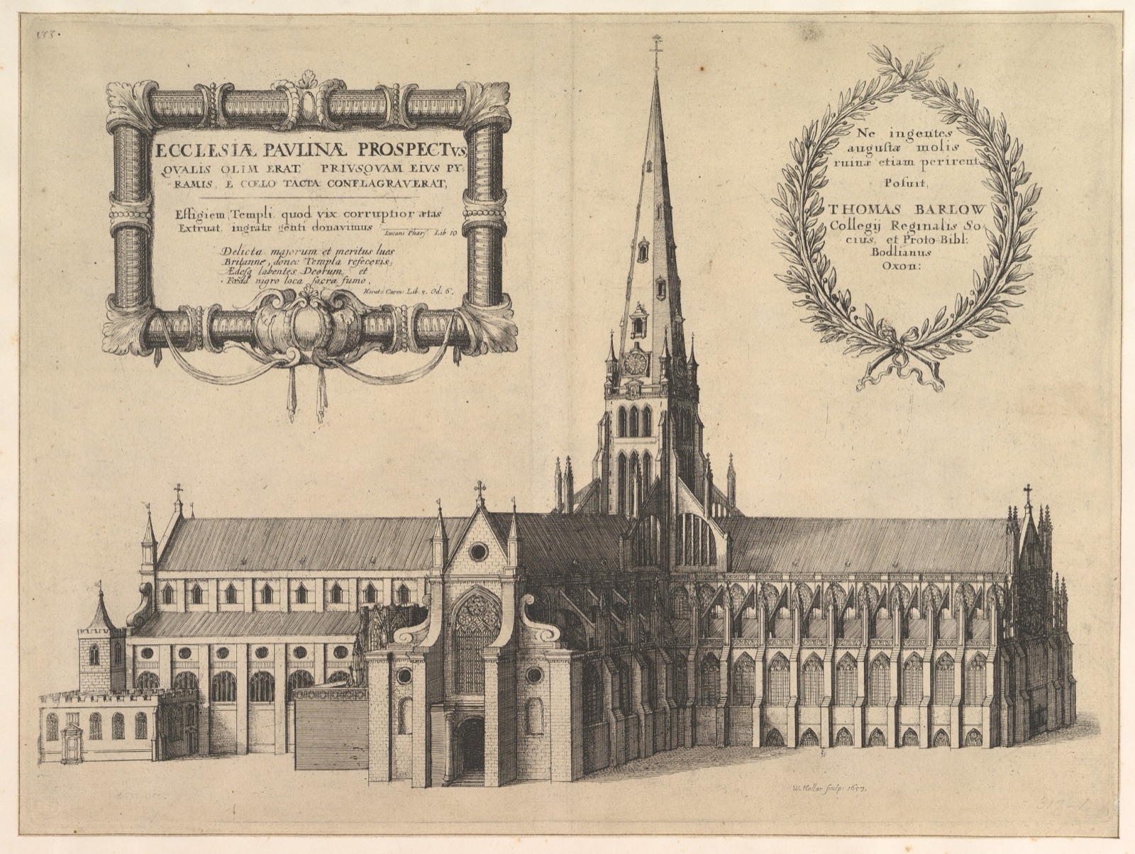 Saint Paul's from the South Showing the Spire (Ecclesiae Paulinae Prospectus...), from "The History of St. Paul's Cathedral in London" — Wenceslaus Hollar
