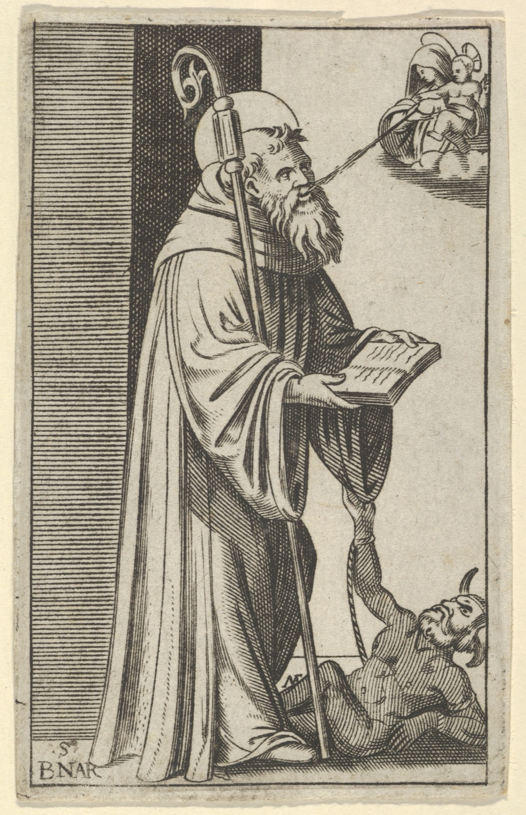 Saint Bernard standing holding an open book, a chained dragon at the lower right, from "Piccoli Santi" (Small Saints) — Marcantonio Raimondi