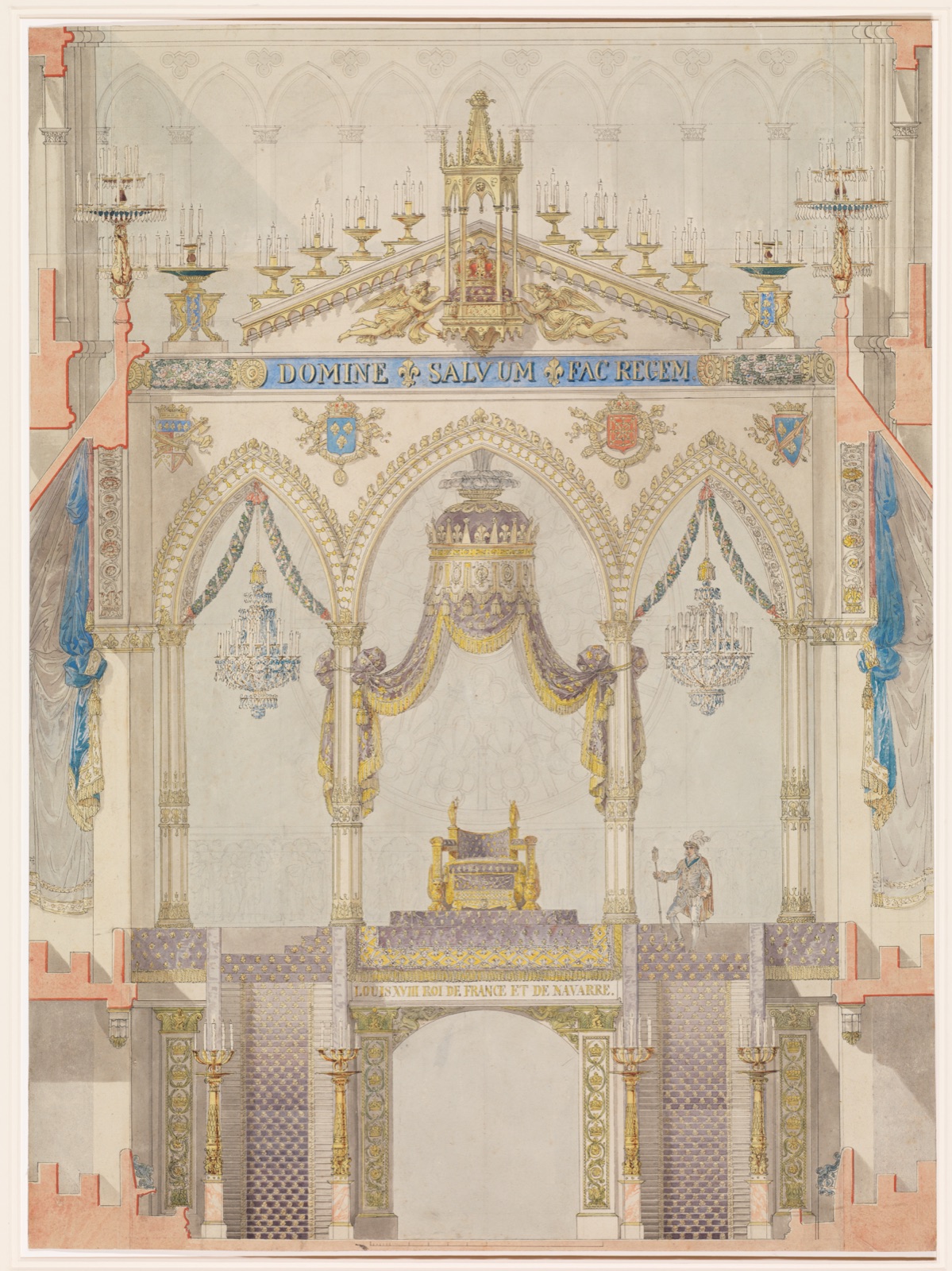 Interior Elevation of Reims Cathedral with the Rood Screen and Throne for the Coronation of King Louis XVIII — Charles Percier