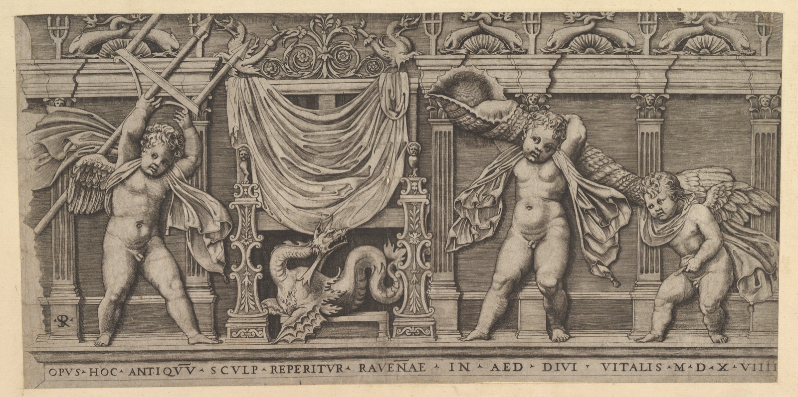Bas-Relief with Three Cupids, from "Speculum Romanae Magnificentiae" — Marco Dente