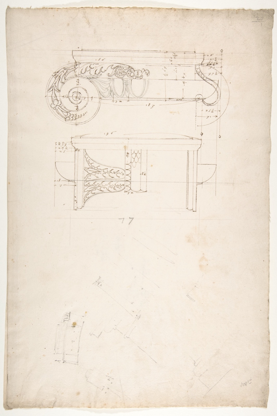 Unidentified, Ionic capital, front and side elevations with small studies (recto) calculation notes (verso) — Anonymous, French, 16th century