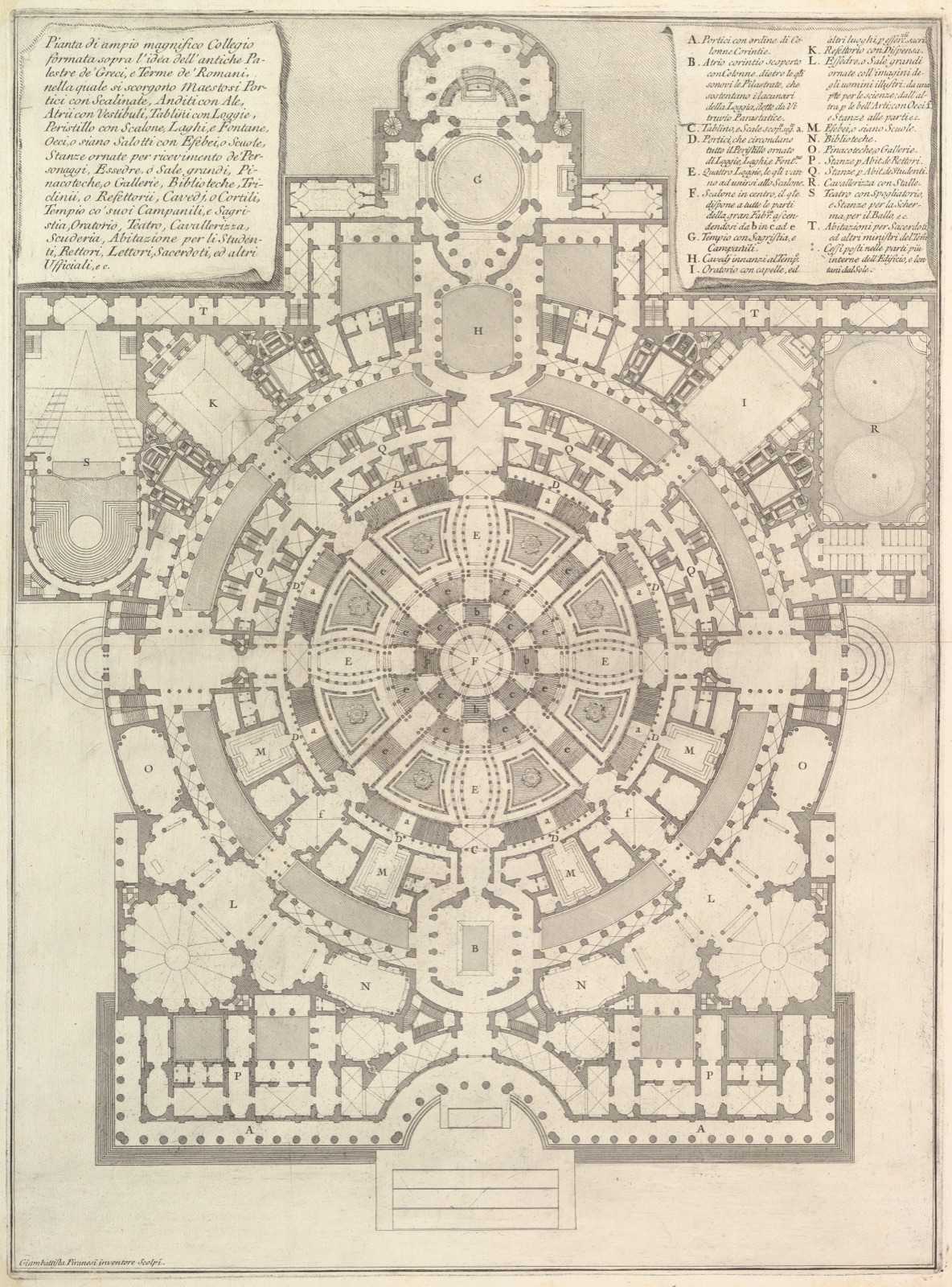 Plan of a spacious and magnificent College designed after the ancient gymnasia of the Greeks and the baths of the Romans..., from "Opere Varie di Architettura, prospettive, grotteschi, antichità; inventate, ed incise da Giambattista Piranesi Architetto Veneziano" (Various Works of Architecture, perspectives, grotesques and antiquities; designed and etched by Giambattista Piranesi, Venetian Architect) — Giovanni Battista Piranesi