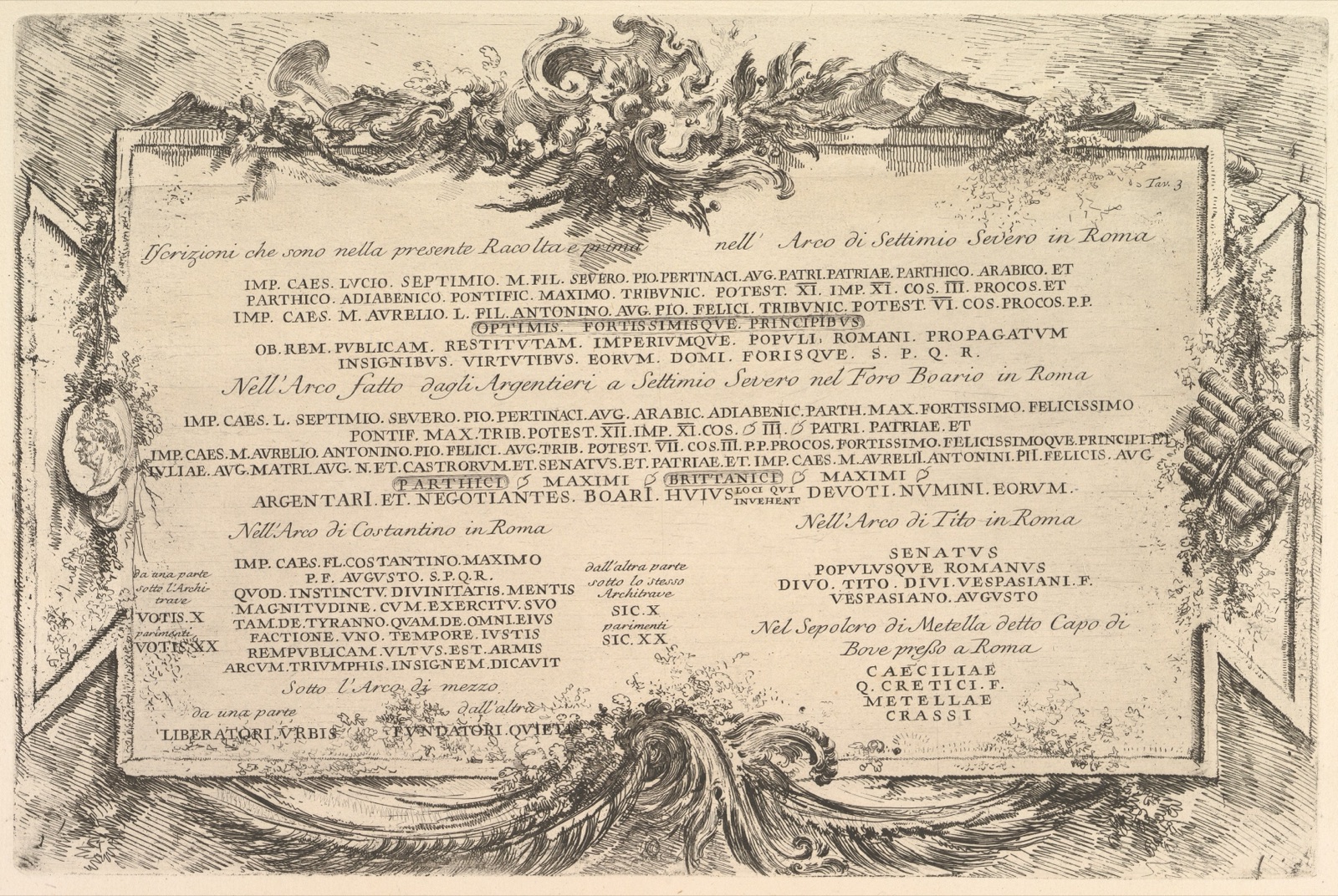 Plate 3: Inscriptions on Antiquities outside Rome with Index of Plates, from "Antichità Romane de' Tempi della Repubblica, e de' primi Imperatori" — Giovanni Battista Piranesi