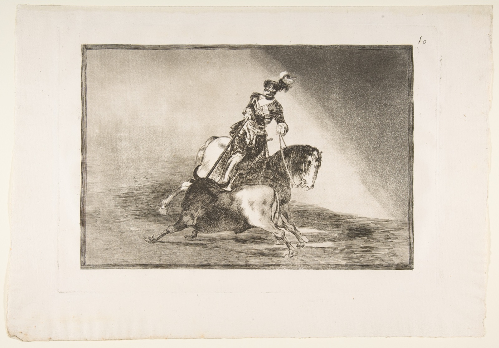 Plate 10 from "La Tauromaquia": Charles V spearing a bull in the ring at Valladolid — Goya (Francisco de Goya y Lucientes)