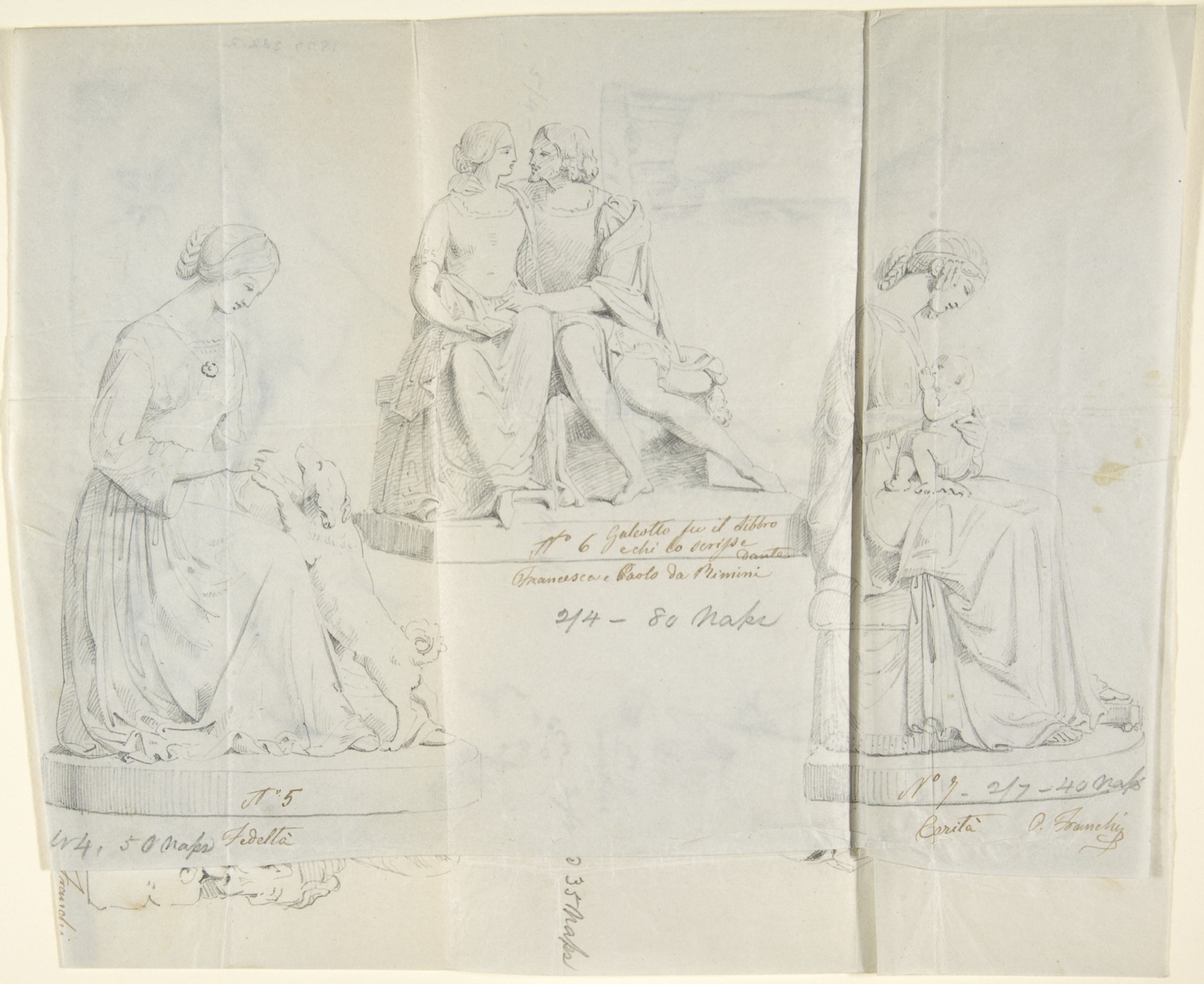 Sketches of seven statues: Faith, Paolo and Francesca di RImini, Charity, Ceres, Heavenly Venus, Dancer, and Sleeping Cupid — John Gibson