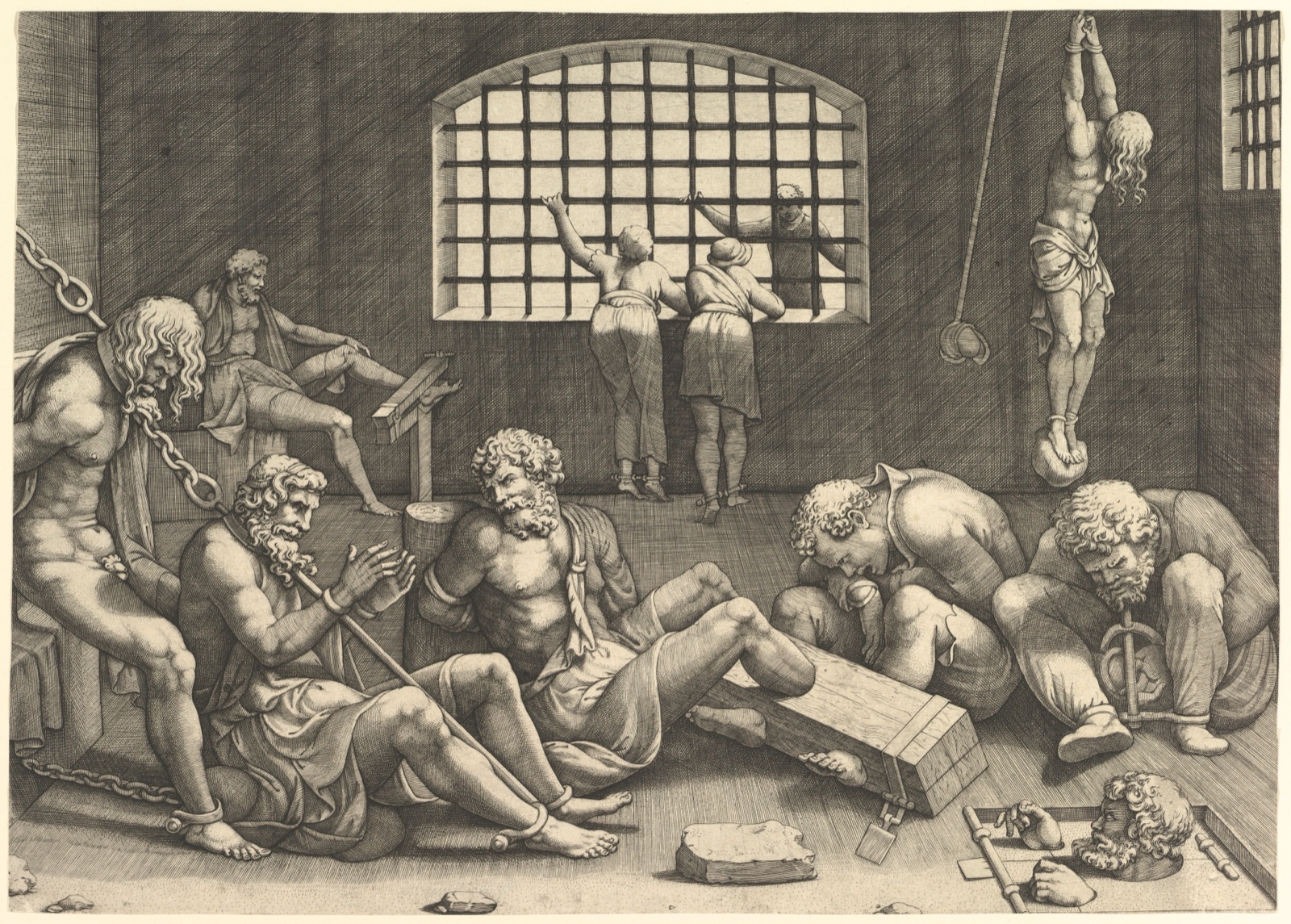 The Prison; a group of men in a dungeon bound in chains and shackles; to the right a figure hanging from his arms, tied to a boulder — Anonymous