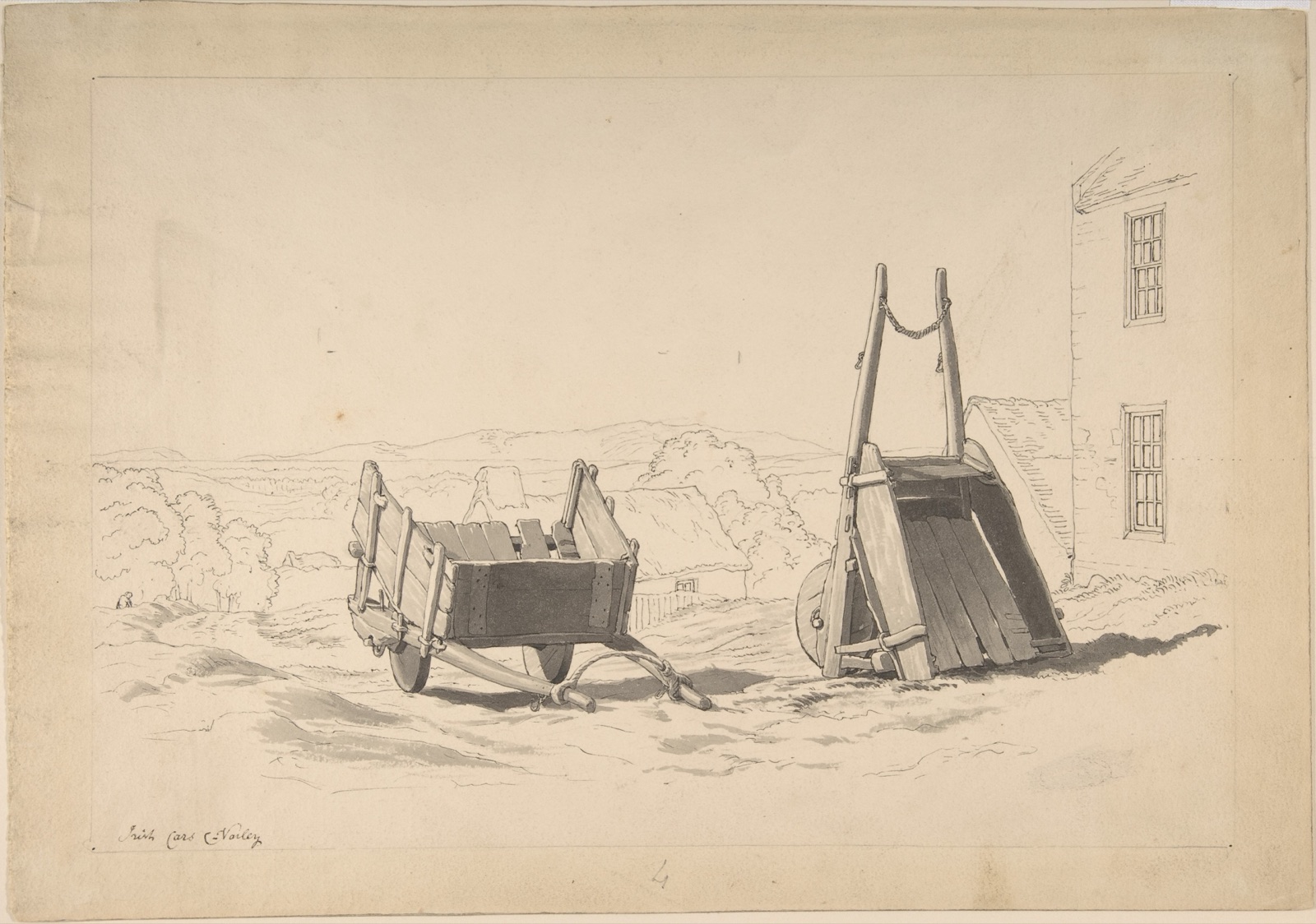 Irish cars (Study of two carts in a landscape) — Cornelius Varley