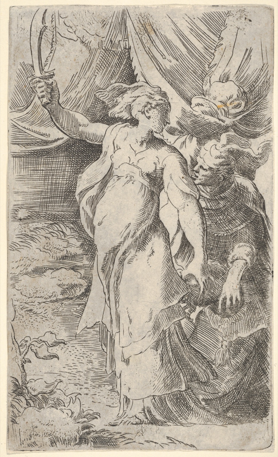Judith with the head of Holofernes, which she places into a sack held by the figure behind her, she bears a sword in her outstretched right arm — Parmigianino (Girolamo Francesco Maria Mazzola)