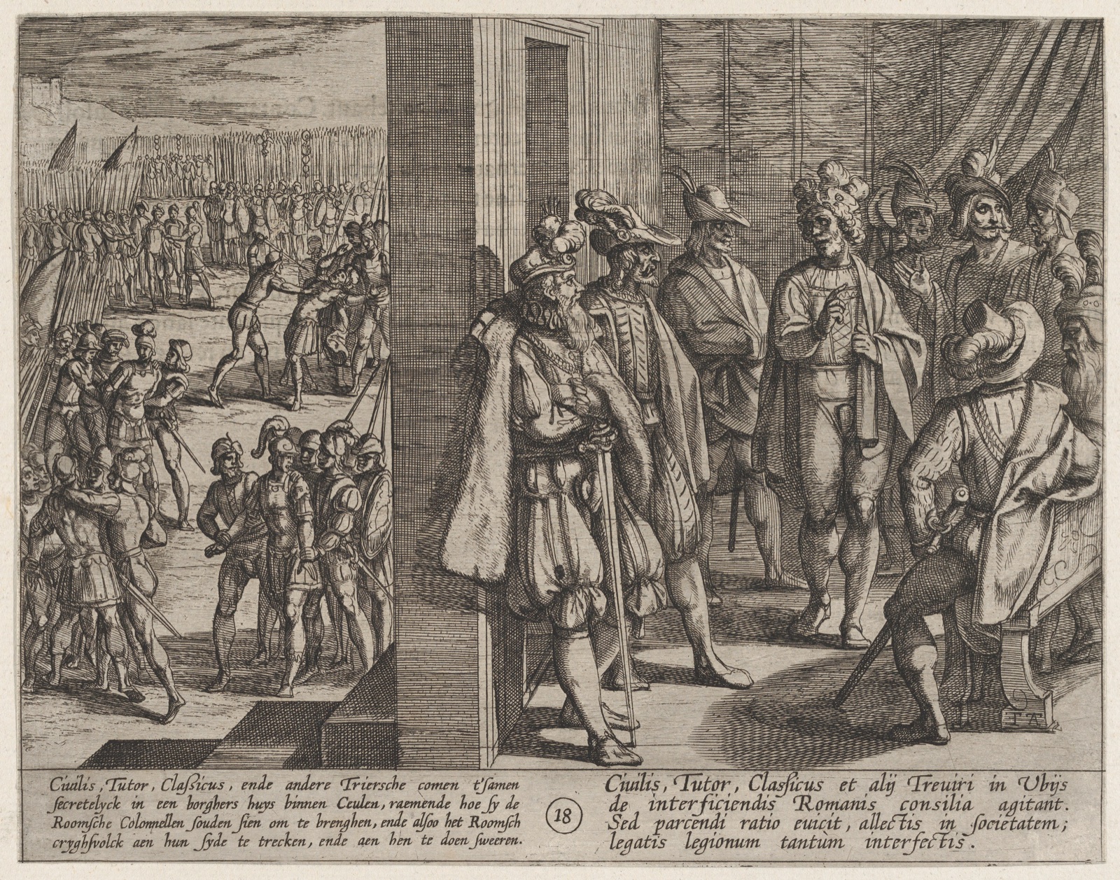 Plate 18: Secret Meeting of Civilis with Other Leaders from Trier, from "The War of the Romans Against the Batavians" (Romanorvm et Batavorvm societas) — Antonio Tempesta