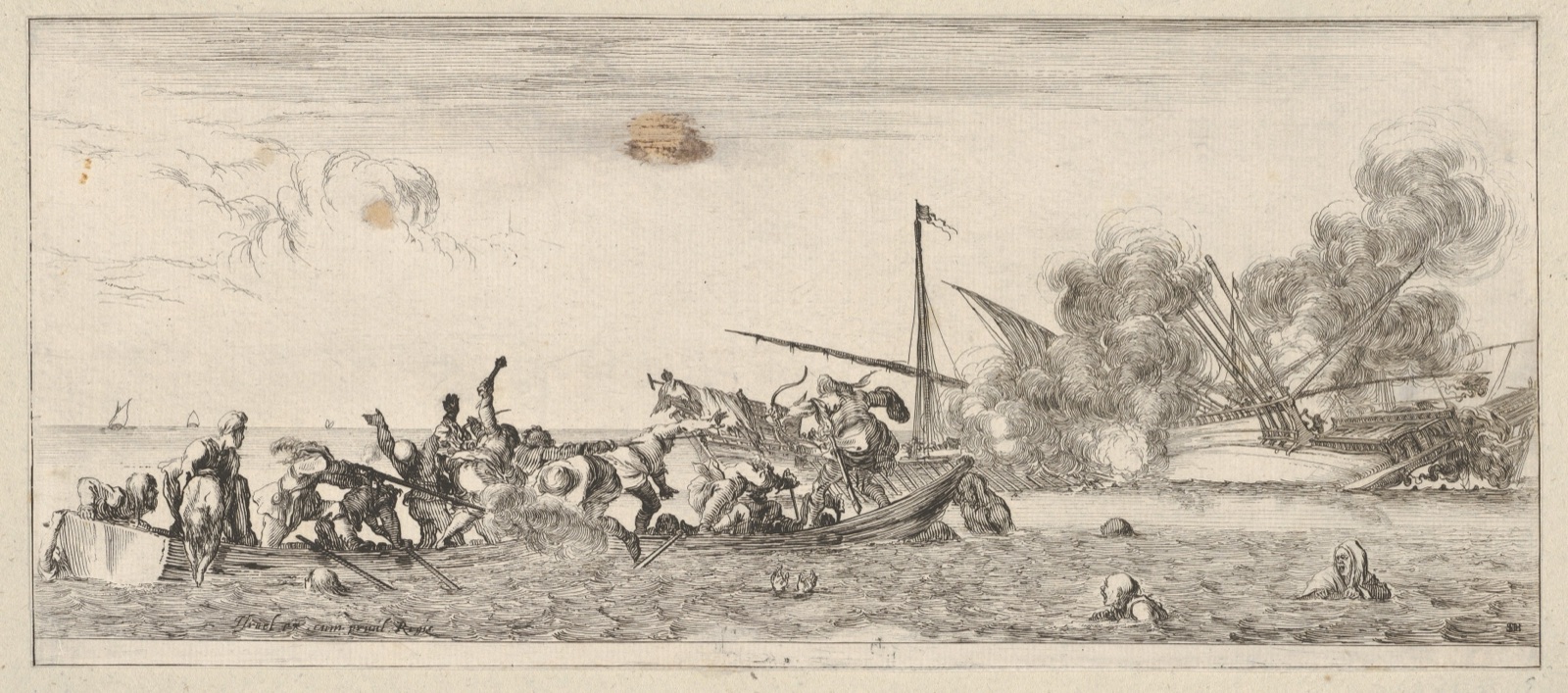 Naval battle, a rowboat filled with people fighting with muskets to left, people drowning in the sea in the center and right foreground, a ship on its side and burning in the background, from "Peace and War" (Divers desseins tant pour la paix que pour la guerre) — Stefano della Bella