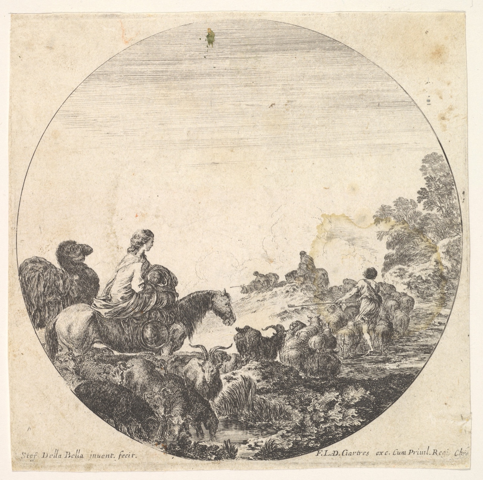 Plate 5: a woman carrying a child on a horse to left, a camel following her, a herd of goats, sheep, and a shepherd in front of her to right, from "Roman landscapes and ruins" (Paysages et ruines de Rome) — Stefano della Bella