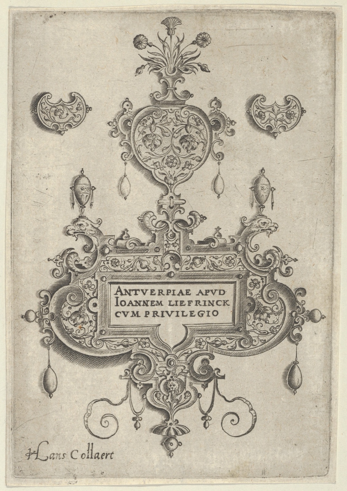 Title Plate, from Pendant Designs with Deities in Niches and Flower-Arabesques — Jan Collaert I