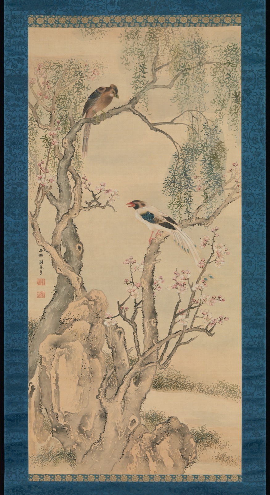 Birds in Willows and Blossoming Peach Tree — Yosa Buson