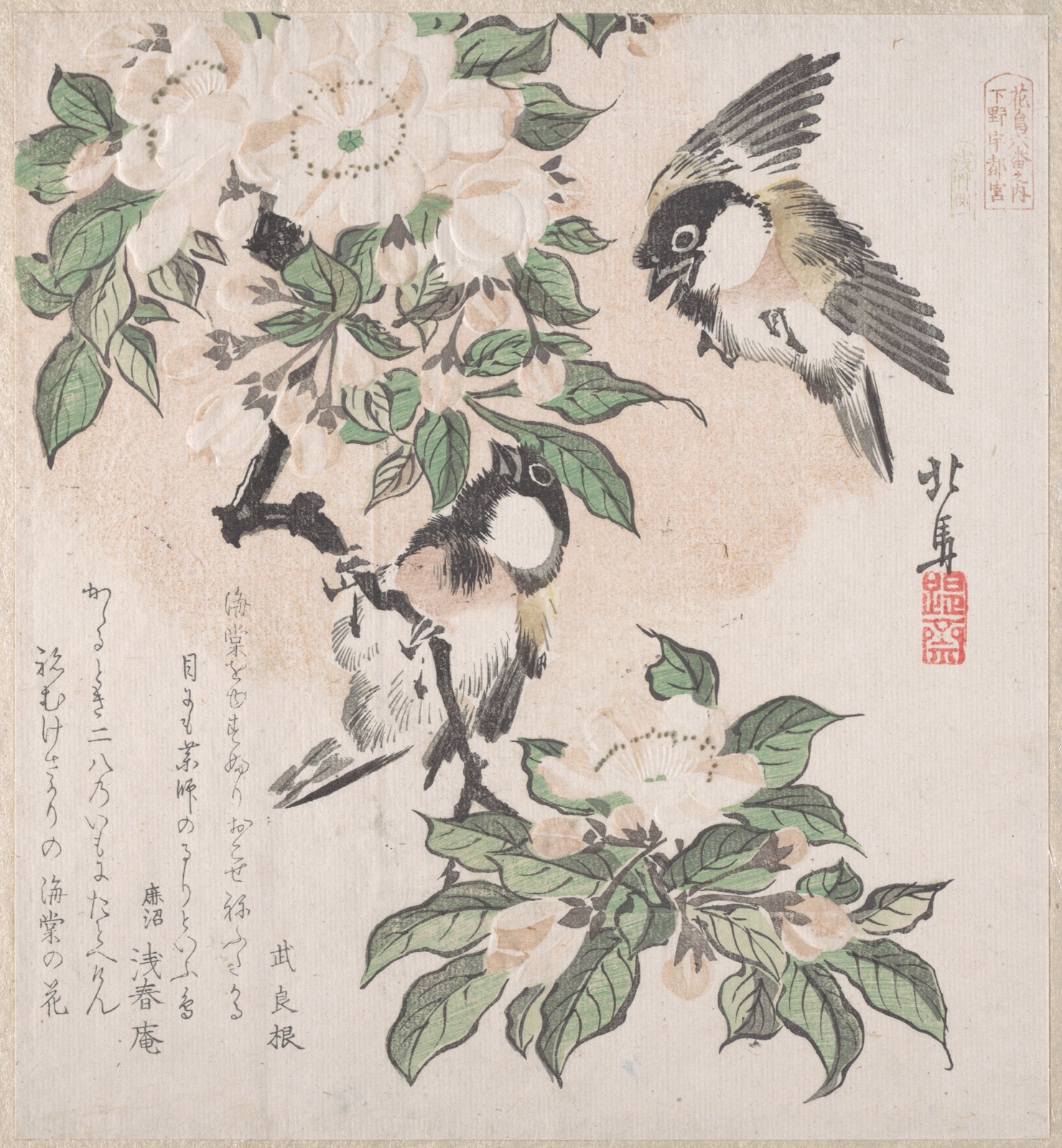 Spring Rain Collection (Harusame shū), vol. 3: Marsh-tits and Crab Apple Flowers — Teisai Hokuba