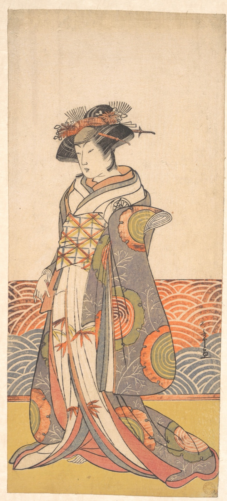 The Third Segawa Kikunojo as a Woman Standing in a Room Having a Wave-pattern Dado — Katsukawa Shunshō 勝川春章
