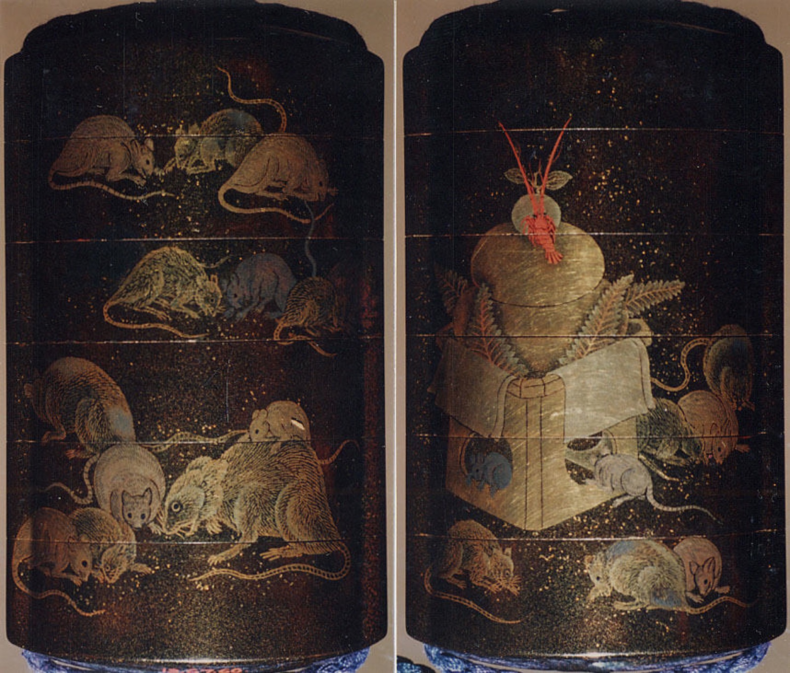Case (Inrō) with Design of Rats Eating Rice beside New Year Arrangement with Mochi and Crayfish