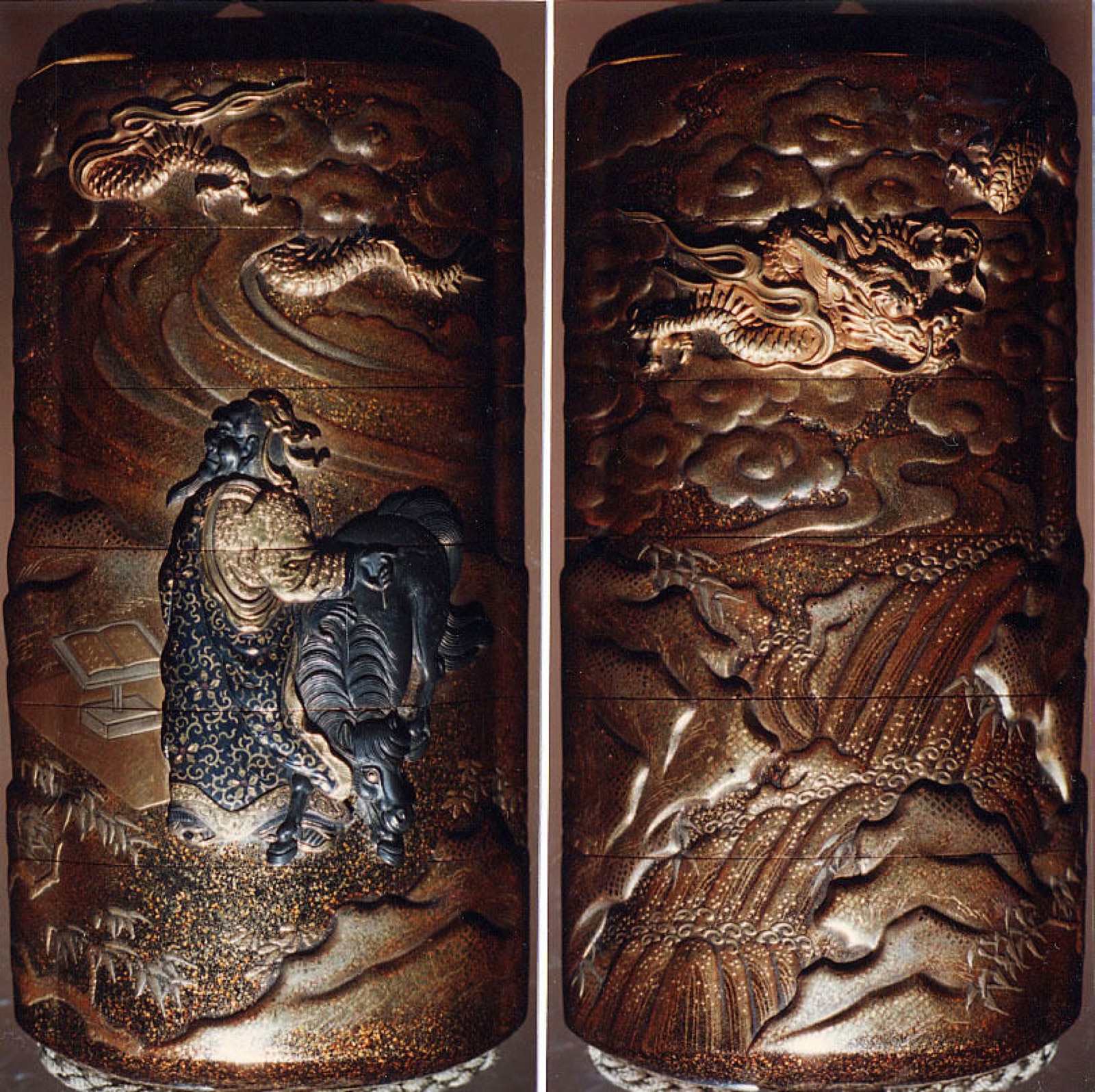 Case (Inrō) with Design of Chinese Sage beside and Ox (obverse); Dragon in Clouds over a Waterfall (reverse)