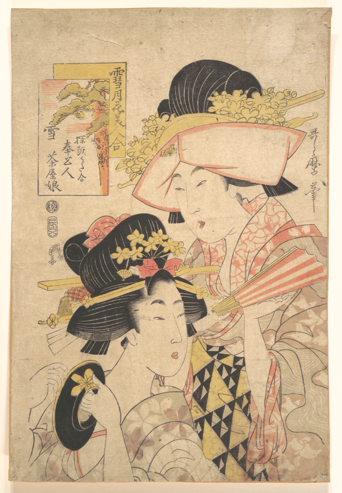 Teahouse girl and servant: Snow from the series Comparison of Snow, Moon and Flower Beauty — Kitagawa Utamaro